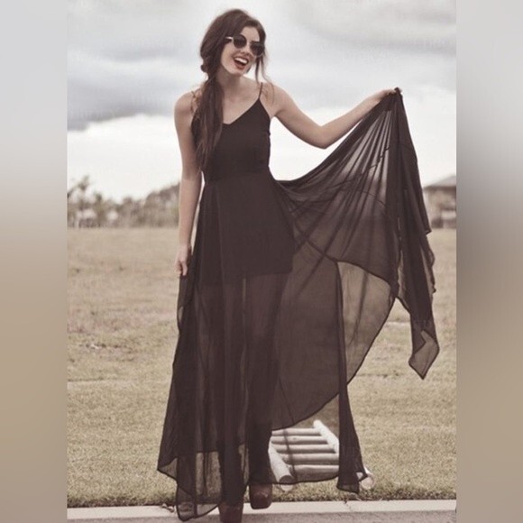 OASAP Black Chiffon Spaghetti Strap V-Neck Slit Sheer Panel Maxi A-Line Dress - Picture 1 of 9